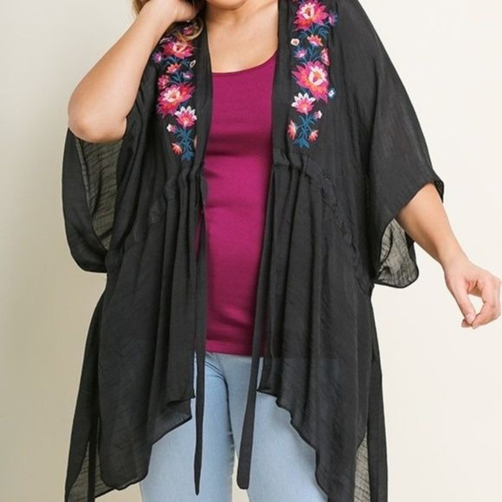 Boutique Umgee Womens Sheer Floral Lightweight Embroidered Tie Front Cardigan - Picture 2 of 8